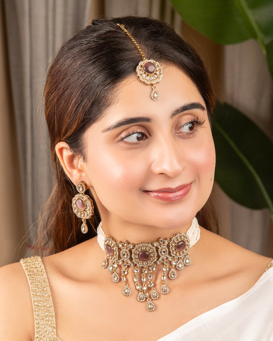 Wine Meher Premium Necklace with Earring and Mangteeka