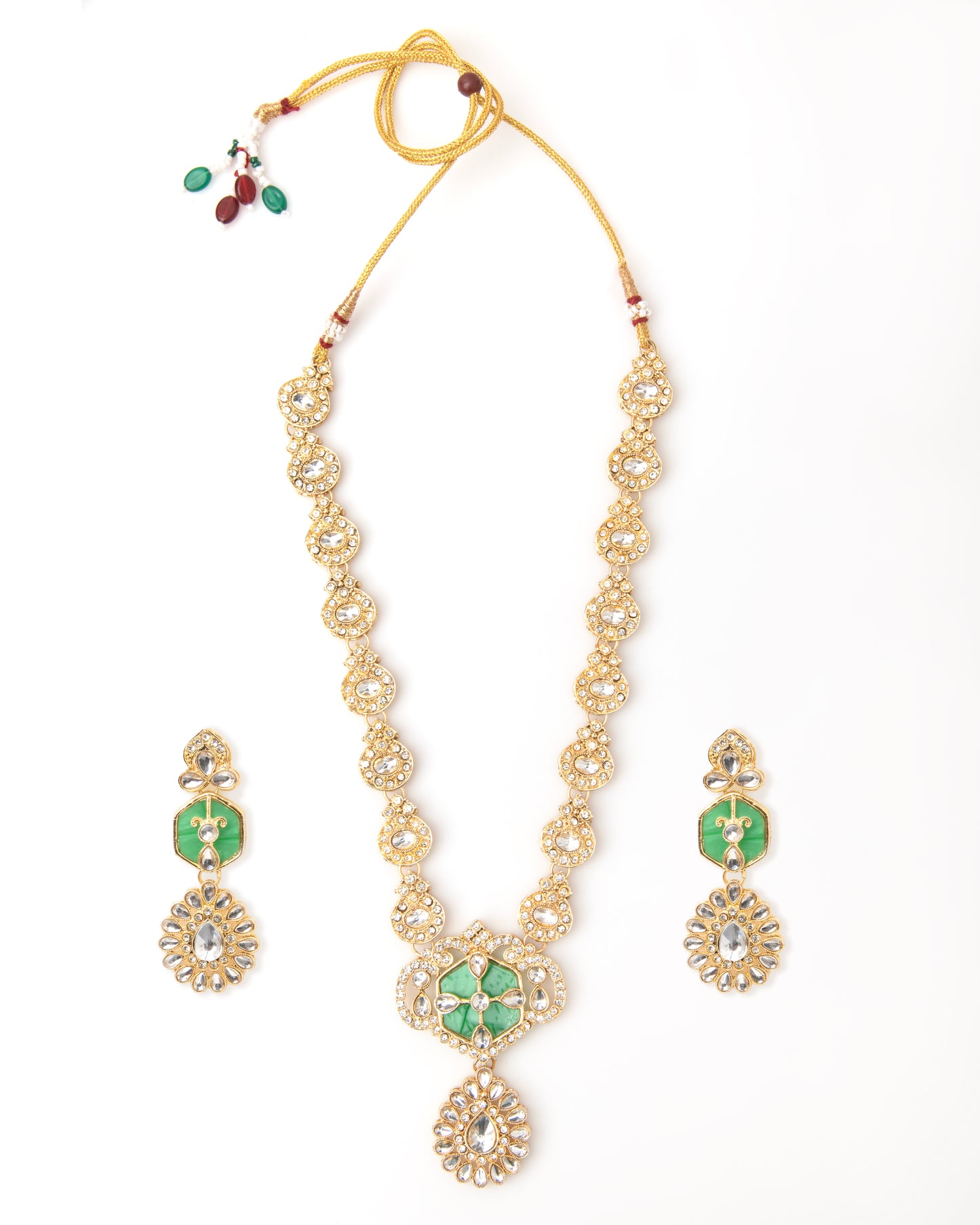 Green Vrinda Long Necklace Set with Earring and Teeka