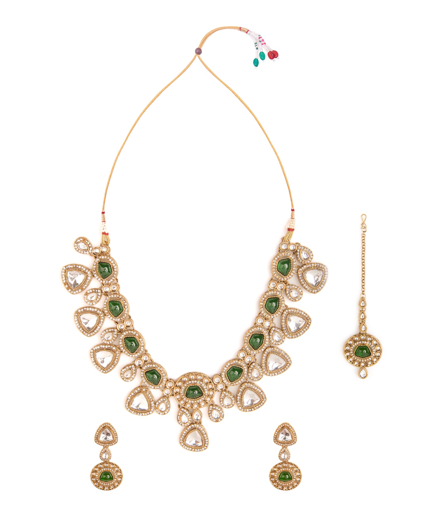 Green Kavita Premium Polki Dupe Necklace with Earring and Teeka