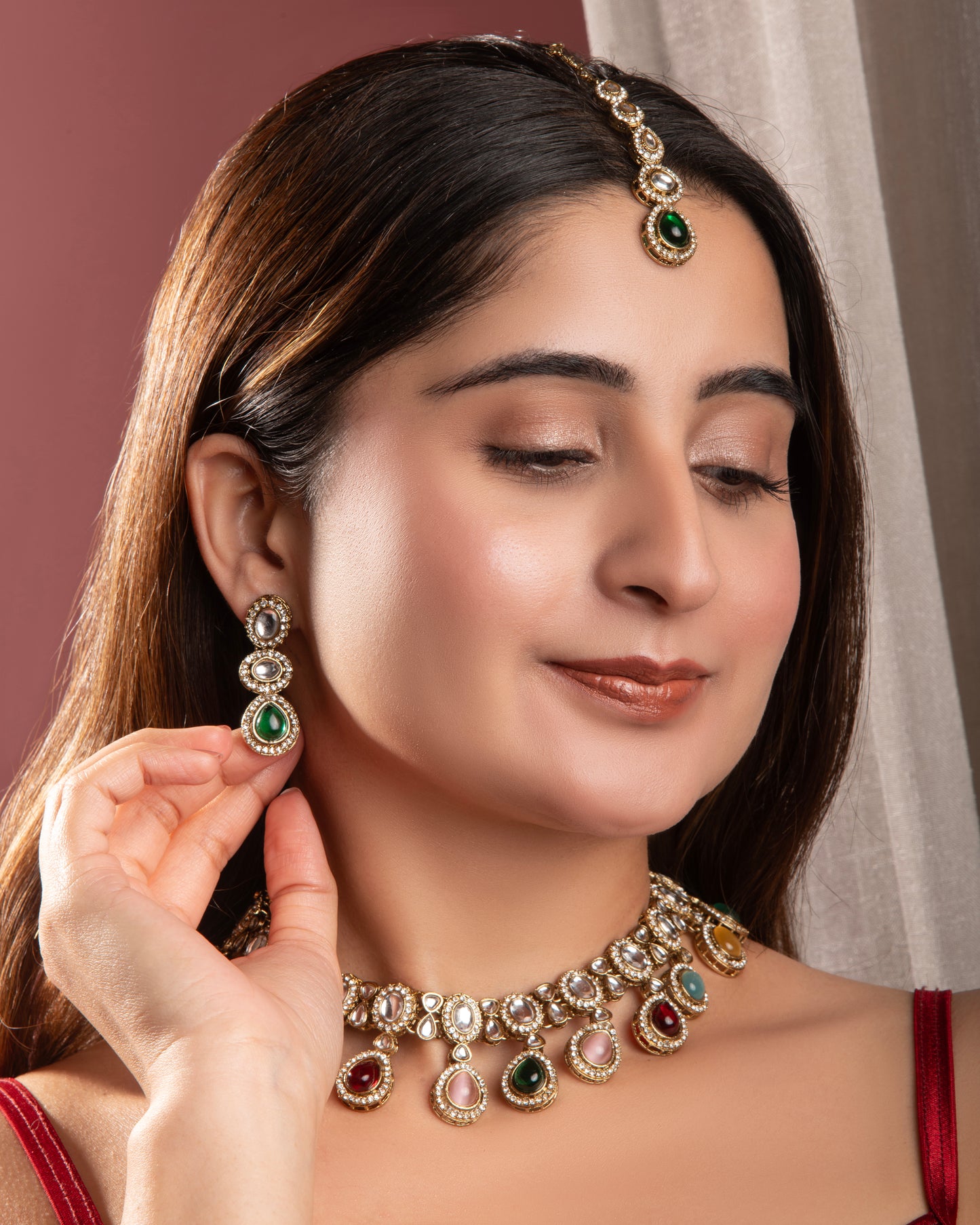 Multi Nivaya Premium Polki Dupe Necklace with Earring and Teeka