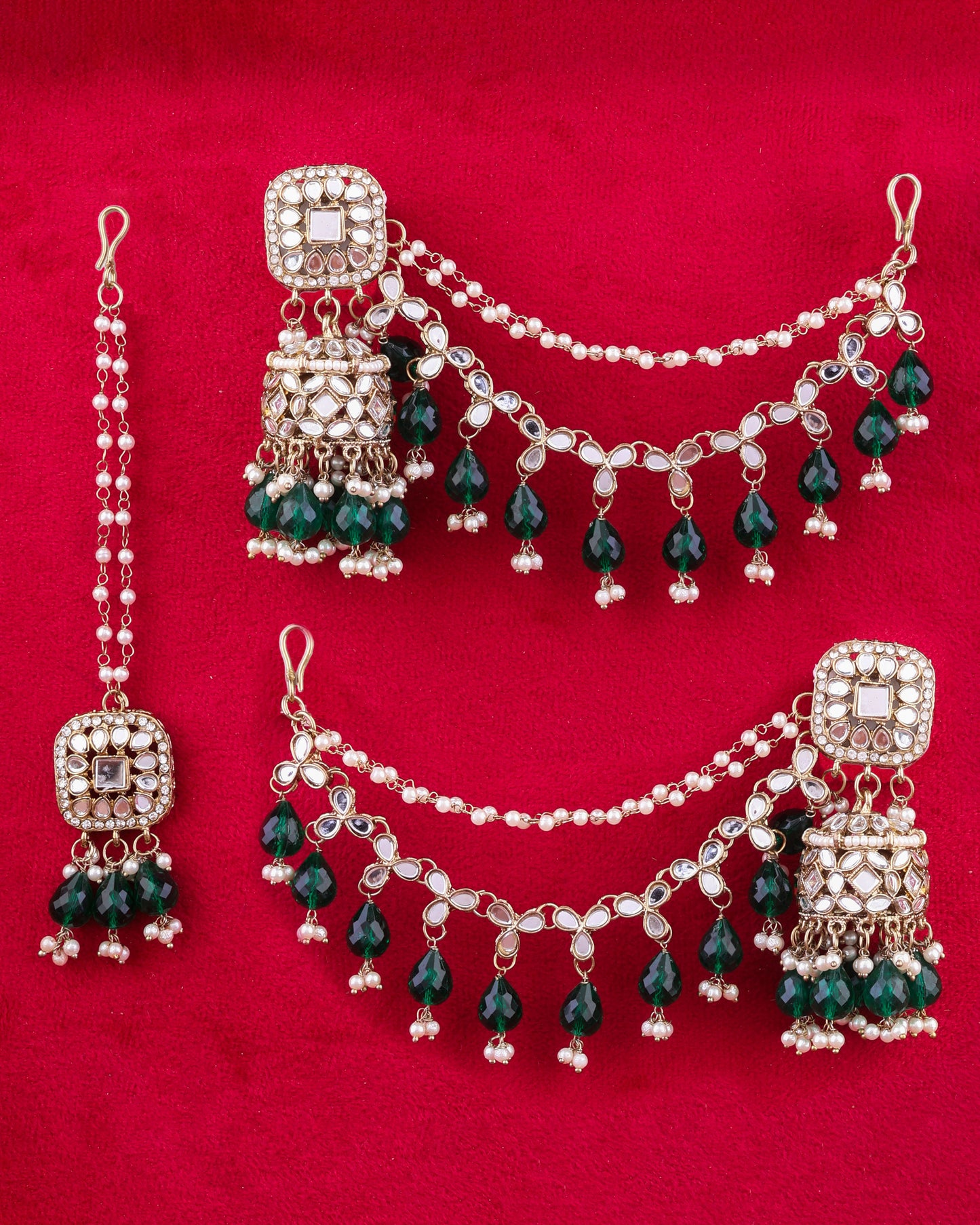 Green Aayat Bahubali Jhumka with Statement Kaan Chain and Teeka
