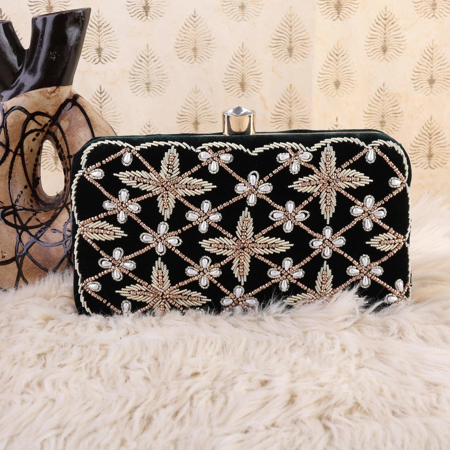 Dark Green Jivika Embroidered Clutch