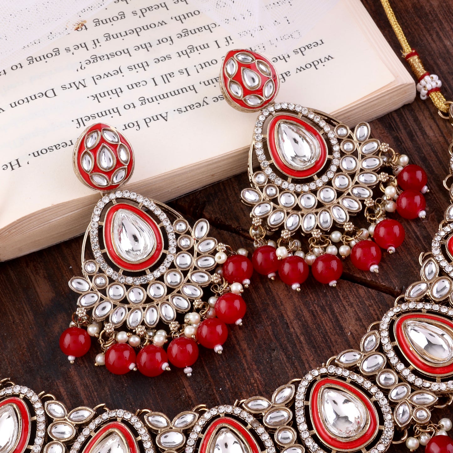 Red Ruhana Necklace Set with Chandbali Earring and Statement Teeka