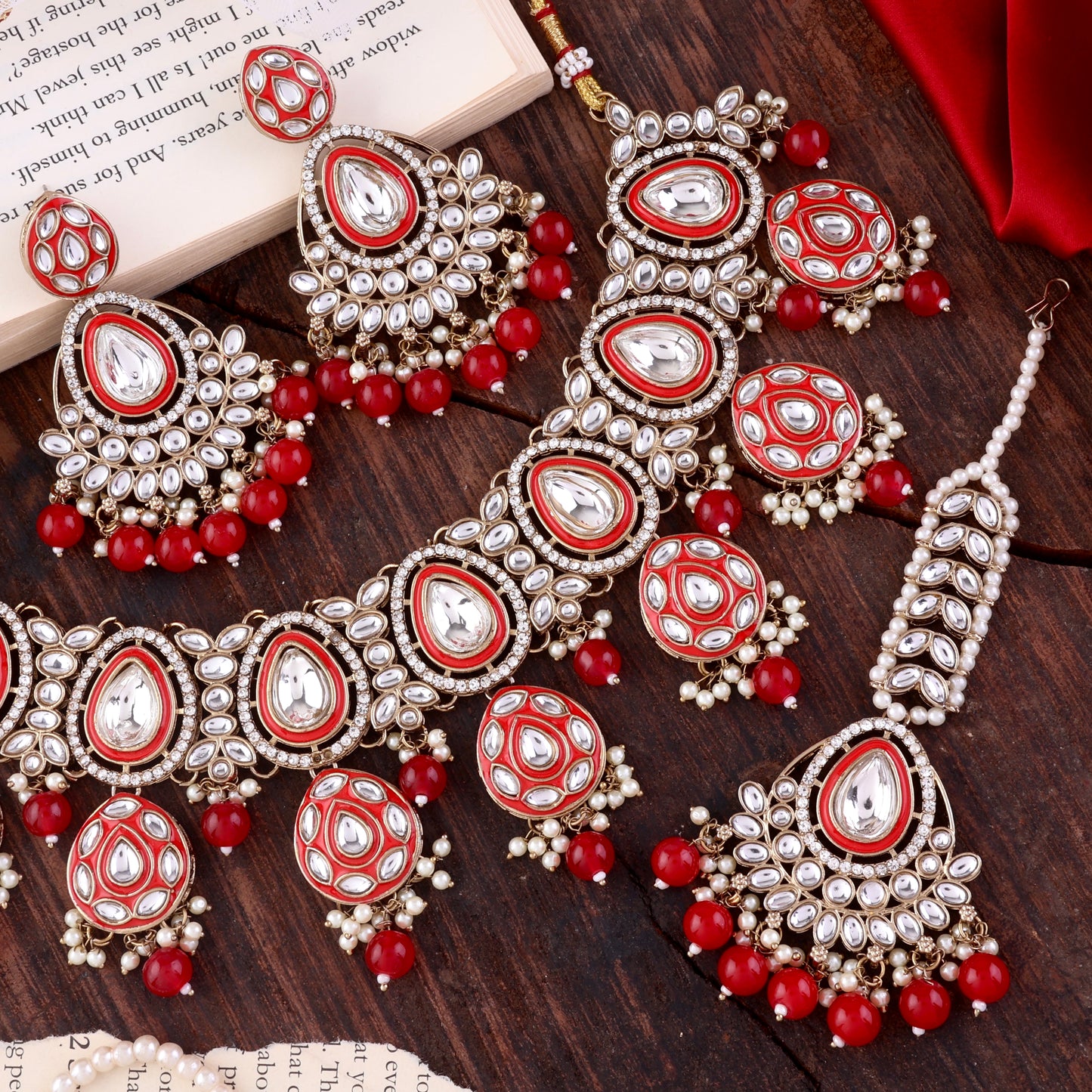Red Ruhana Necklace Set with Chandbali Earring and Statement Teeka