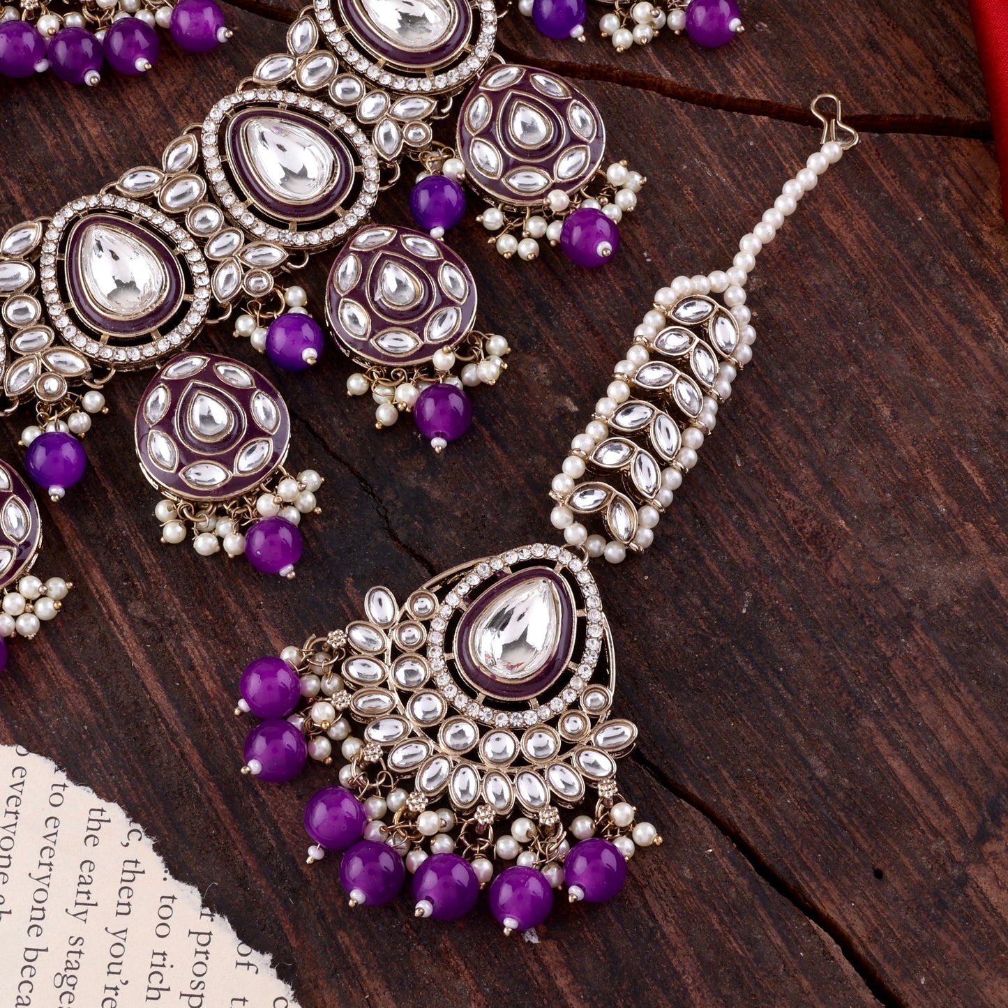 Purple Ruhana Necklace Set with Chandbali Earring and Statement Teeka