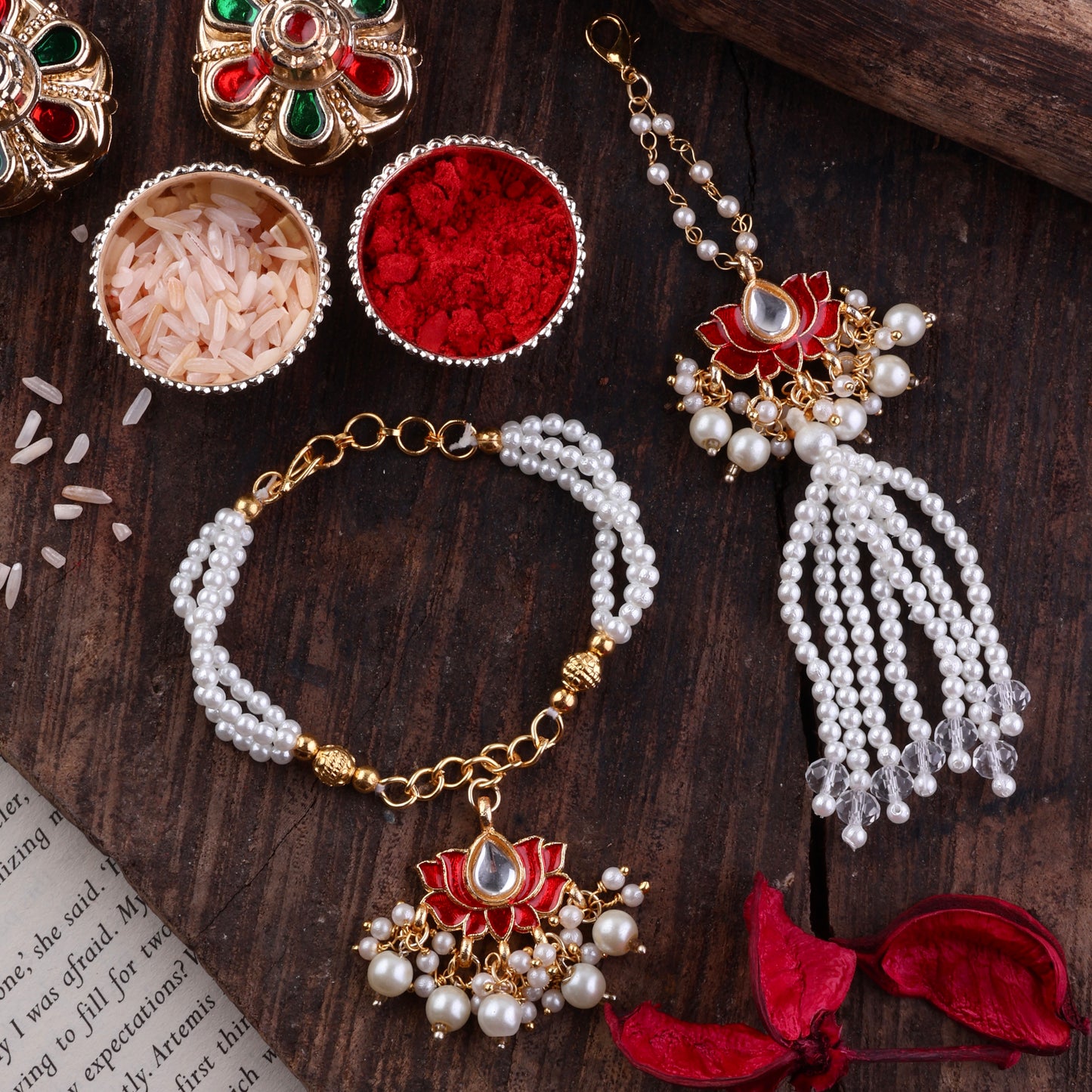 Red Malay Bhaiya Bhabhi Rakhi with Tilak Set and Card