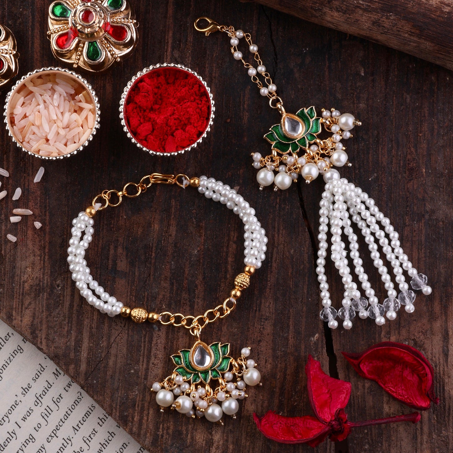Green Malay Bhaiya Bhabhi Rakhi with Tilak Set and Card