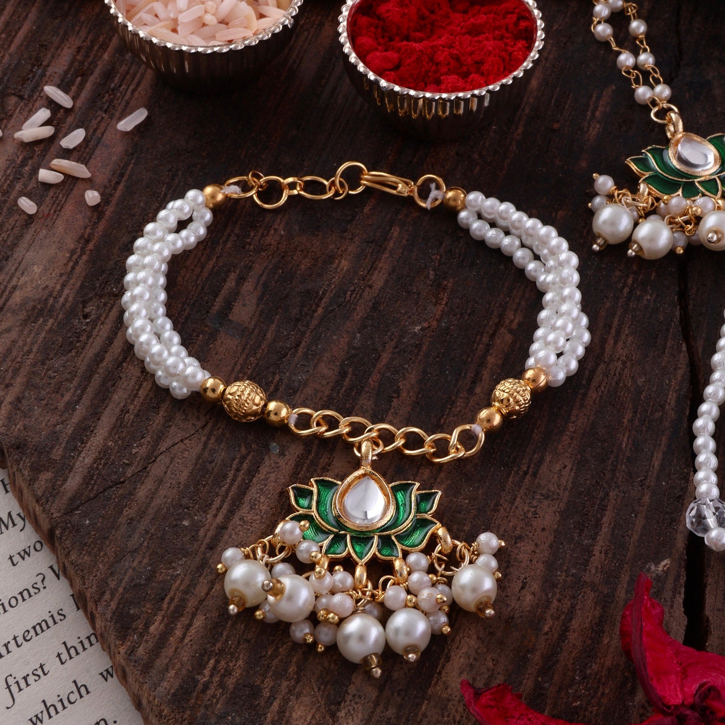 Green Malay Bhaiya Bhabhi Rakhi with Tilak Set and Card