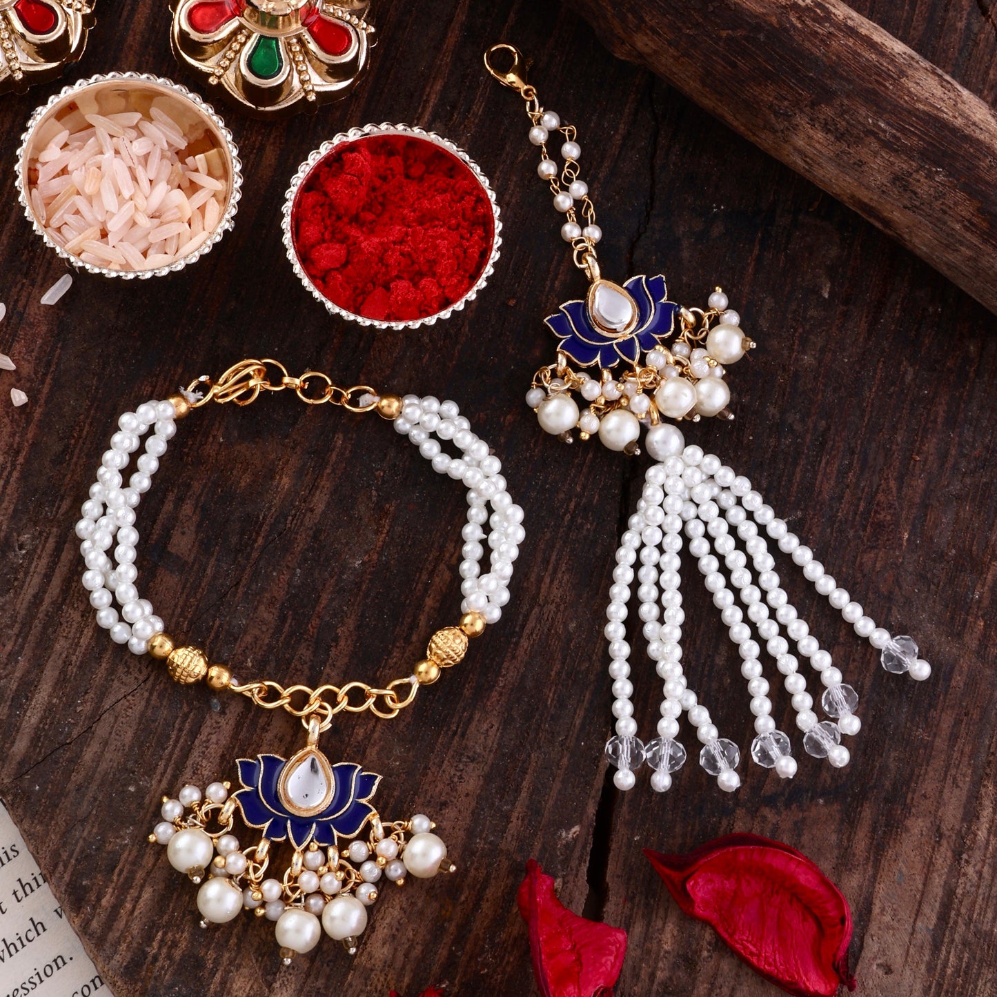 Blue Malay Bhaiya Bhabhi Rakhi with Tilak Set and Card
