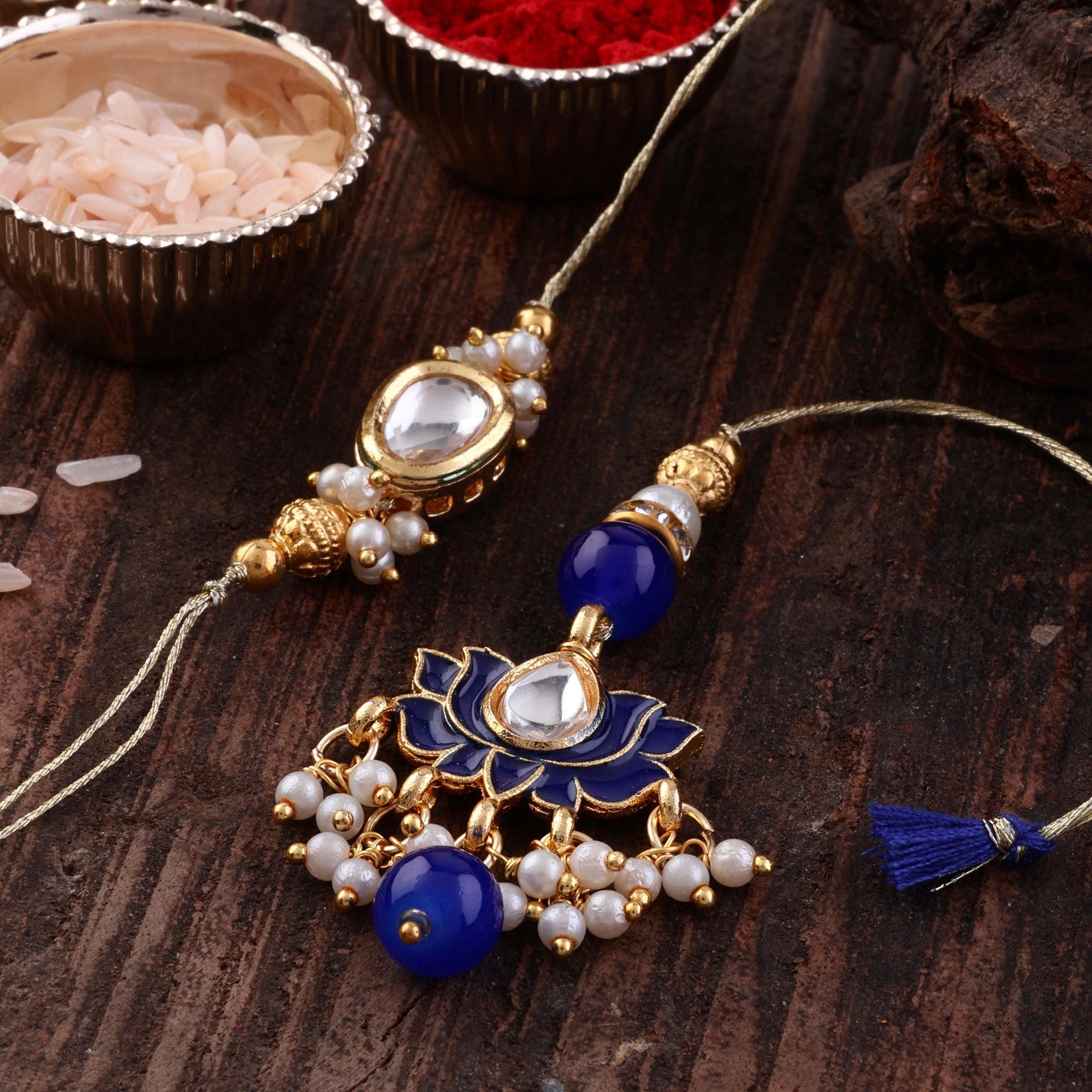 Blue Arjun Bhaiya Bhabhi Rakhi with Tilak Set and Card