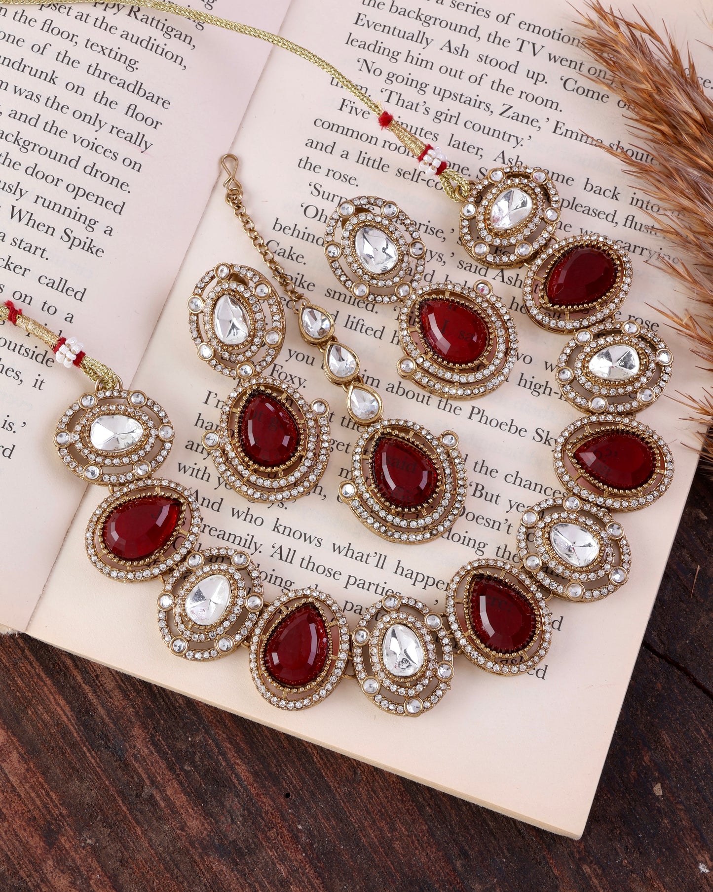 Ruby Hania Premium Polki Dupe Necklace with Earring and Mangteeka