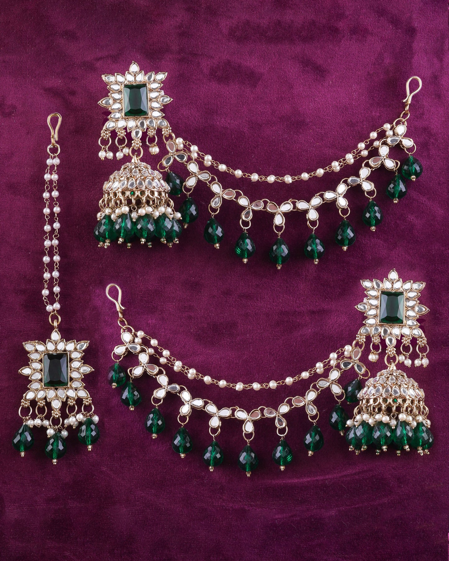 Green Kaur Mirror Bahubali Jhumka with Statement Kaan Chain and Teeka