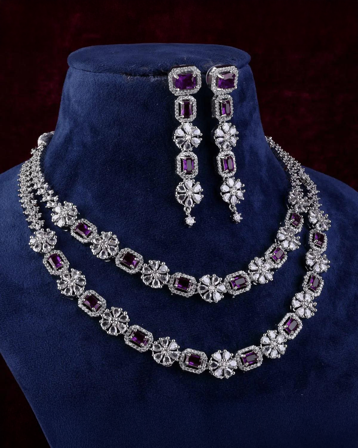 Purple Salina 2 Layer American Diamond Necklace Set