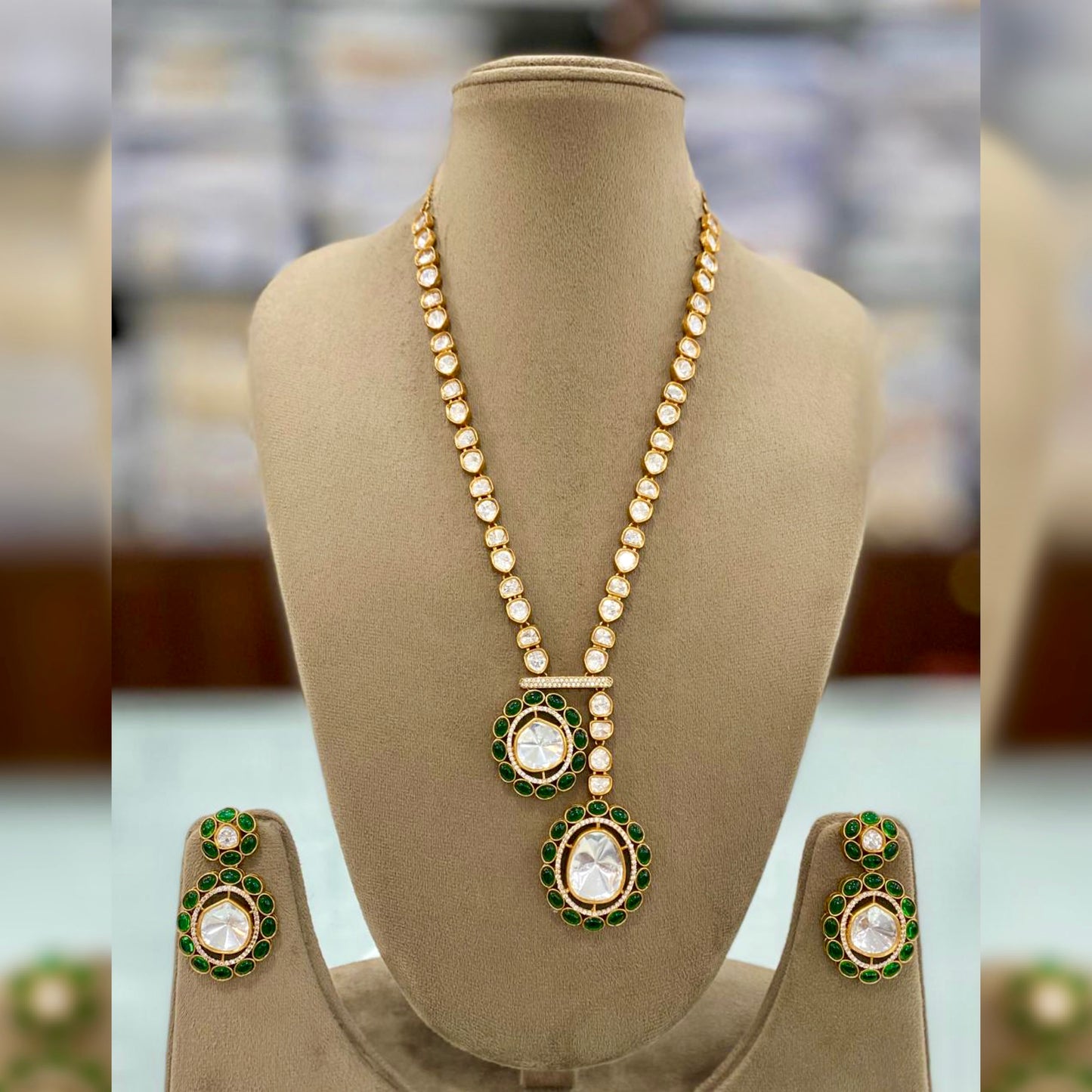 Emerald Premium Moissanite Stone Necklace with Double Pendent and Earring