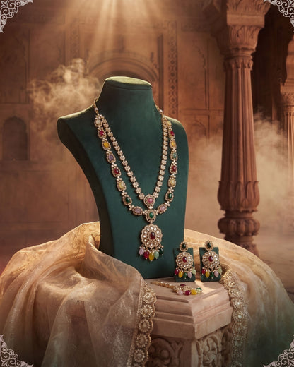 Multi Prabhjot Premium Layer Long Necklace with Earring and Mangteeka