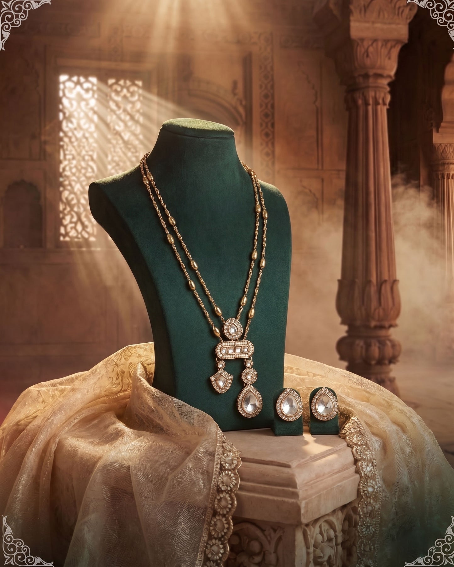 Kabir Polki Dupe Pendant Style Long Necklace Set with Earring