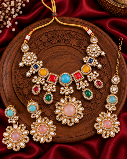 Multi Mitalika Premium Sabya Inspired Necklace Set with Earring & Teeka