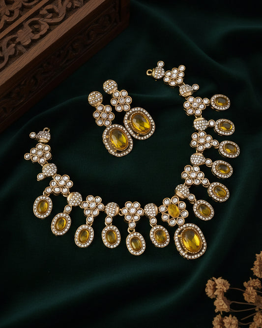 Yellow Baani Indo Western Necklace With Earrings