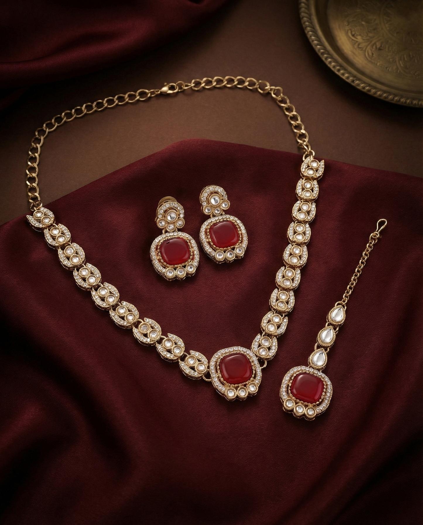 Ruby Manvika Designer Monalisa and Zircone Necklace Set with Earring & Teeka