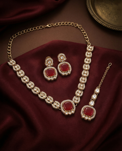 Ruby Manvika Designer Monalisa and Zircone Necklace Set with Earring & Teeka