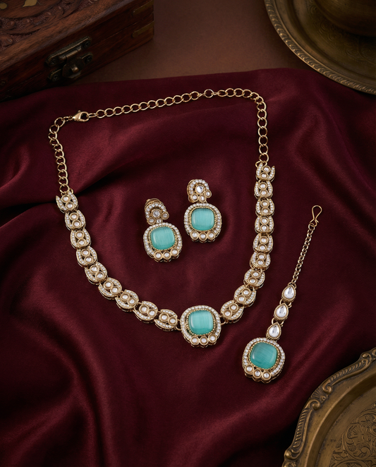 Mint Green Manvika Designer Monalisa and Zircone Necklace Set with Earring & Teeka