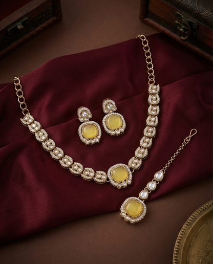 Yellow Manvika Designer Monalisa and Zircone Necklace Set with Earring & Teeka