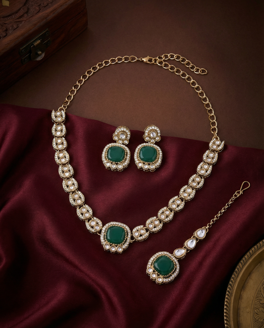 Emerald Manvika Designer Monalisa and Zircone Necklace Set with Earring & Teeka
