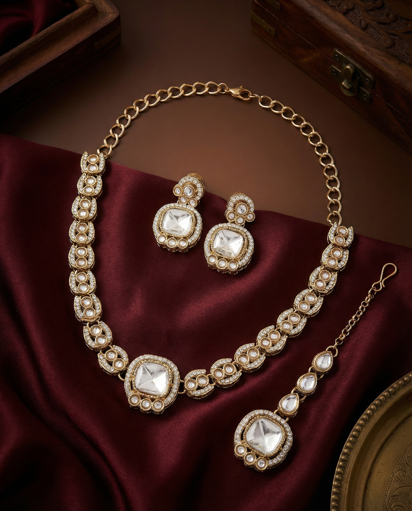 Silver Manvika Designer Monalisa and Zircone Necklace Set with Earring & Teeka