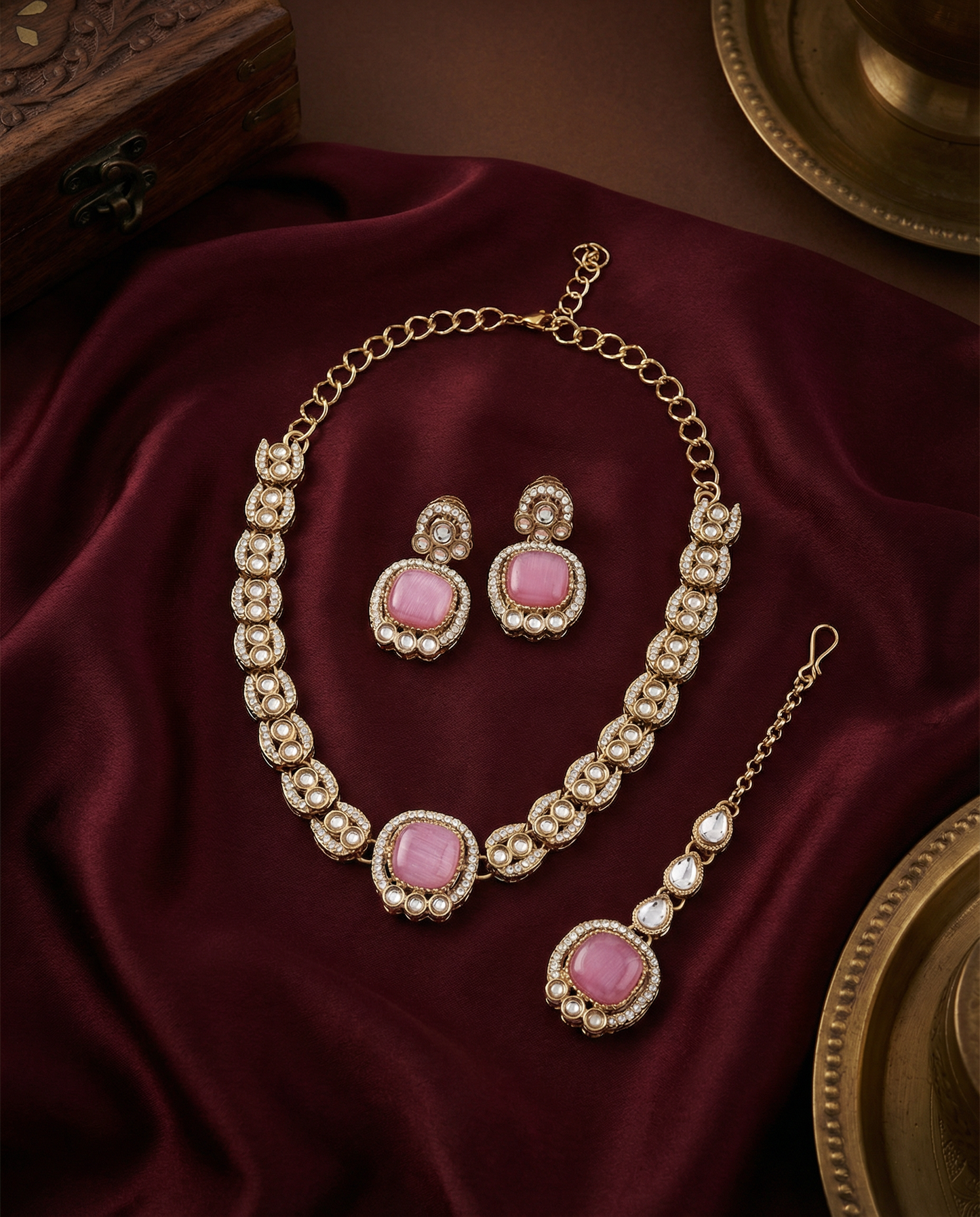 Blush Manvika Designer Monalisa and Zircone Necklace Set with Earring & Teeka