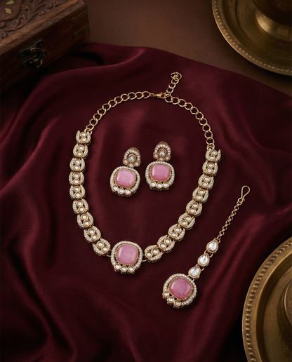 Blush Manvika Designer Monalisa and Zircone Necklace Set with Earring & Teeka