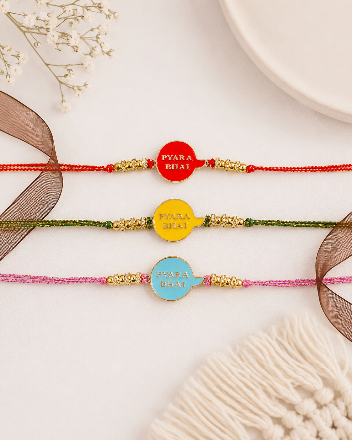 Pack of 3 Pyara Bhai Rakhi for Brother - Red Yellow Turquoise | Tilak Set Included