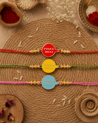 Pack of 3 Pyara Bhai Rakhi for Brother - Red Yellow Turquoise | Tilak Set Included