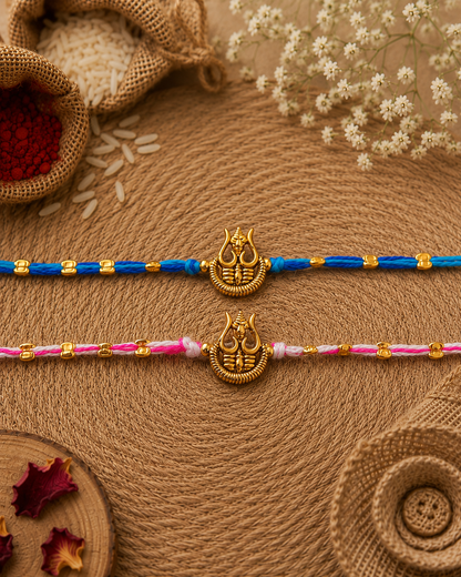 Blue-Pink Trishoola Rakhi Set Pack of 2 | Tilak Set Included