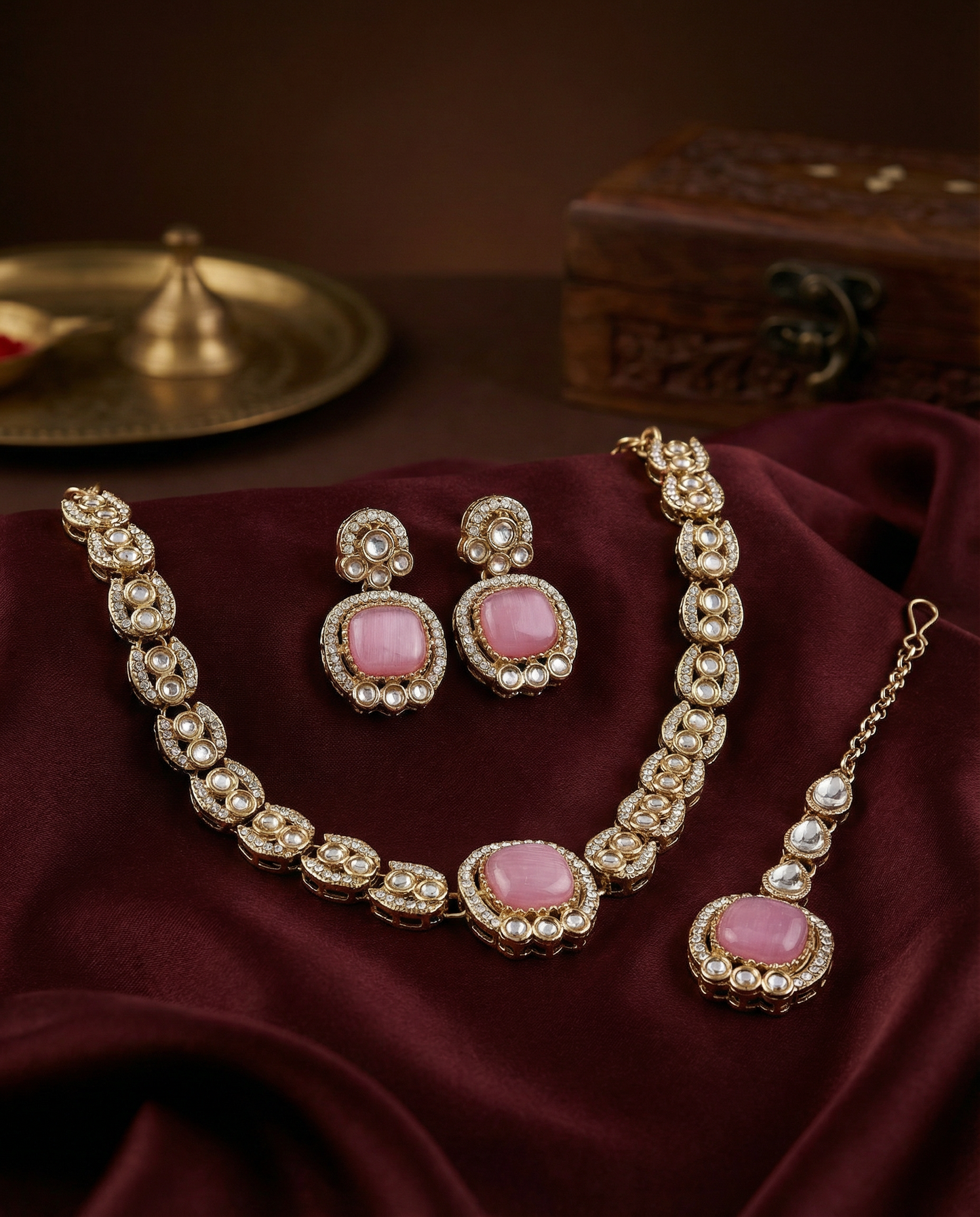 Blush Manvika Designer Monalisa and Zircone Necklace Set with Earring & Teeka