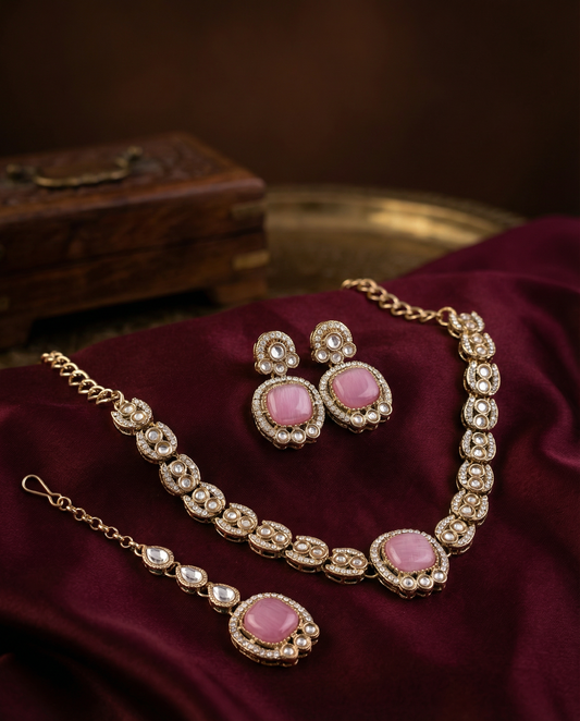 Blush Manvika Designer Monalisa and Zircone Necklace Set with Earring & Teeka