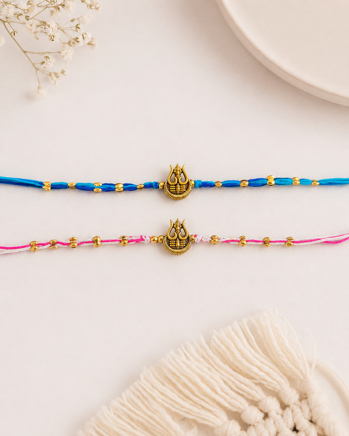 Blue-Pink Trishoola Rakhi Set Pack of 2 | Tilak Set Included