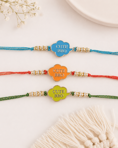 Pack of 3 Cute Bro Rakhi for Brother - Turquoise Orange Yellow | Tilak Set Included