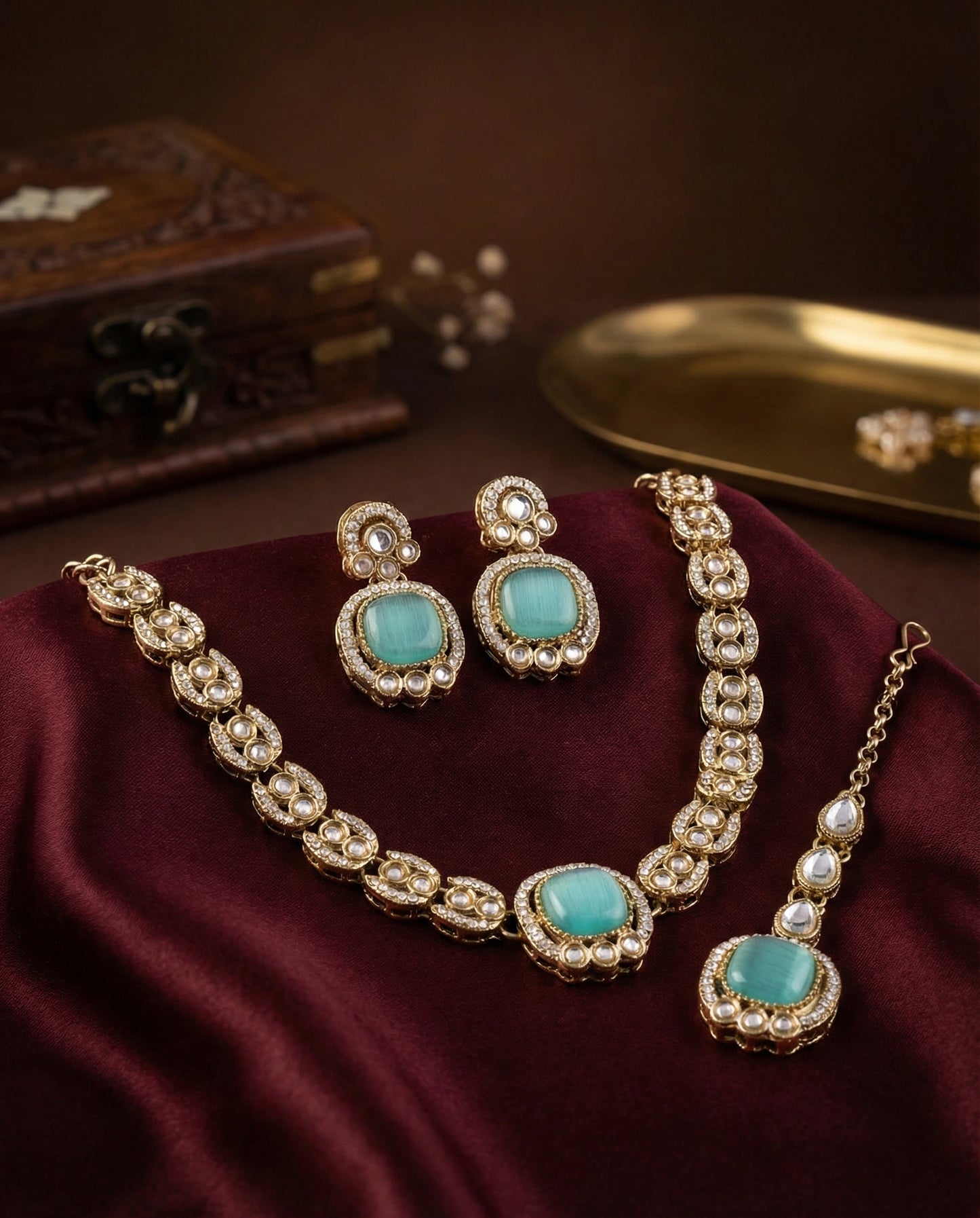Mint Green Manvika Designer Monalisa and Zircone Necklace Set with Earring & Teeka