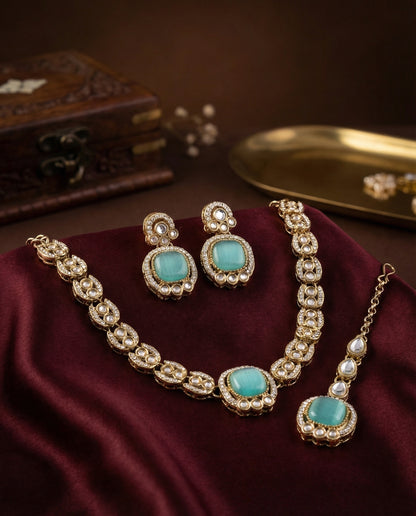 Mint Green Manvika Designer Monalisa and Zircone Necklace Set with Earring & Teeka