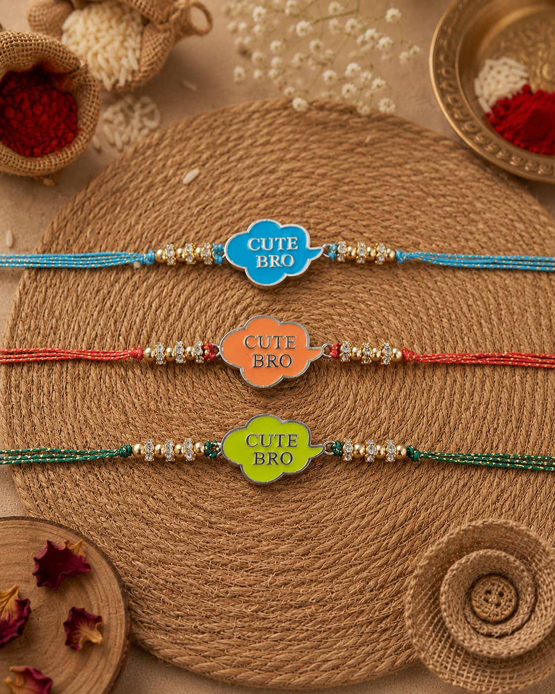 Pack of 3 Cute Bro Rakhi for Brother - Turquoise Orange Yellow | Tilak Set Included