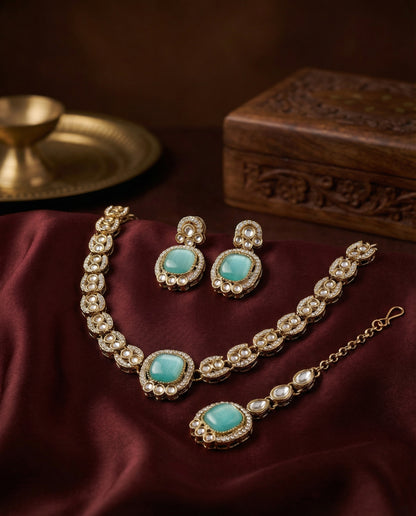 Mint Green Manvika Designer Monalisa and Zircone Necklace Set with Earring & Teeka