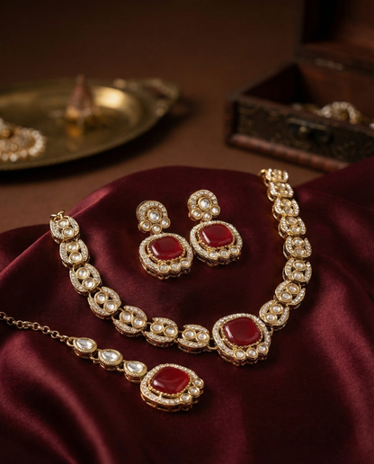 Ruby Manvika Designer Monalisa and Zircone Necklace Set with Earring & Teeka