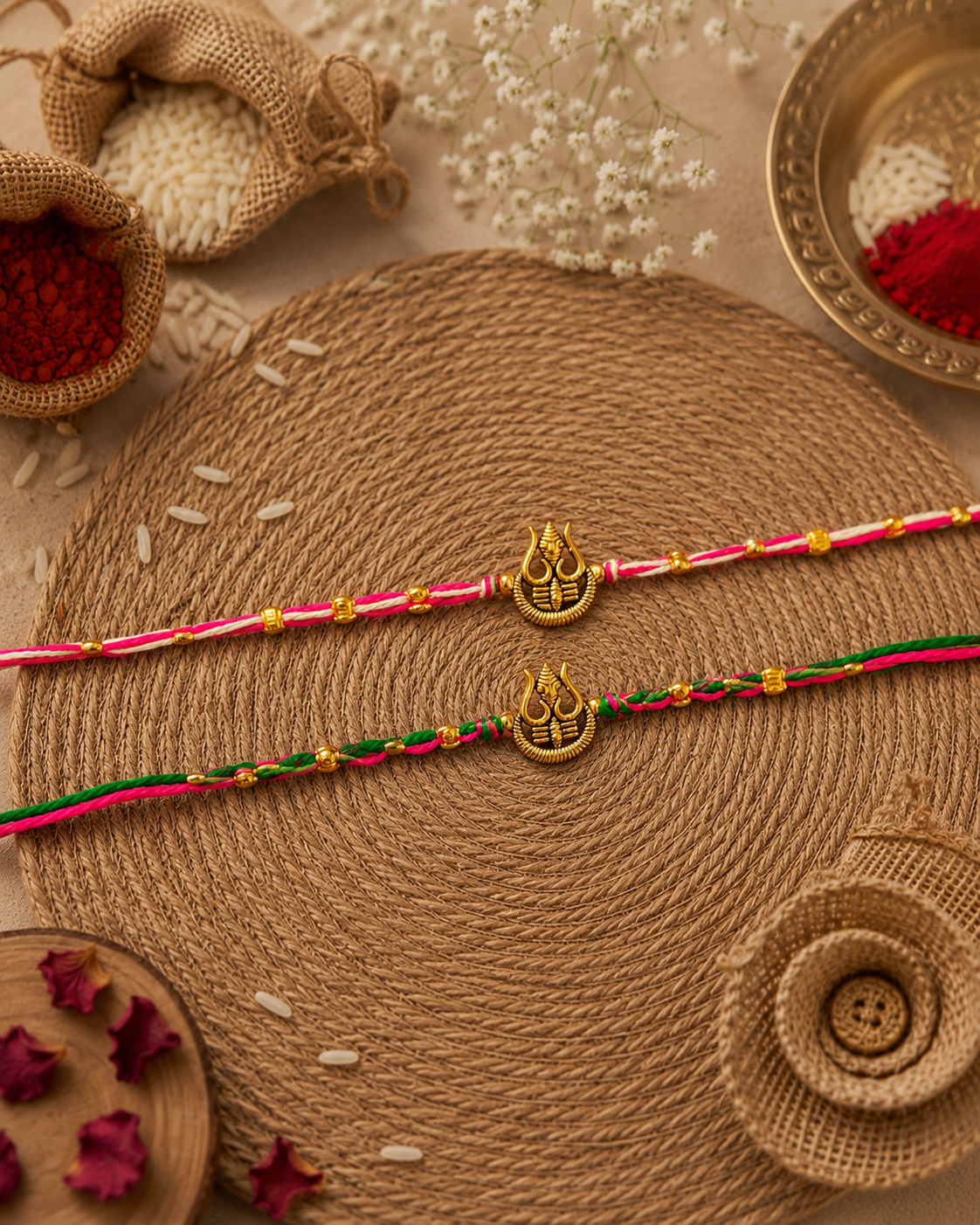 Green-Pink Trishoola Rakhi Set Pack of 2 | Tilak Set Included