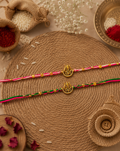 Green-Pink Trishoola Rakhi Set Pack of 2 | Tilak Set Included
