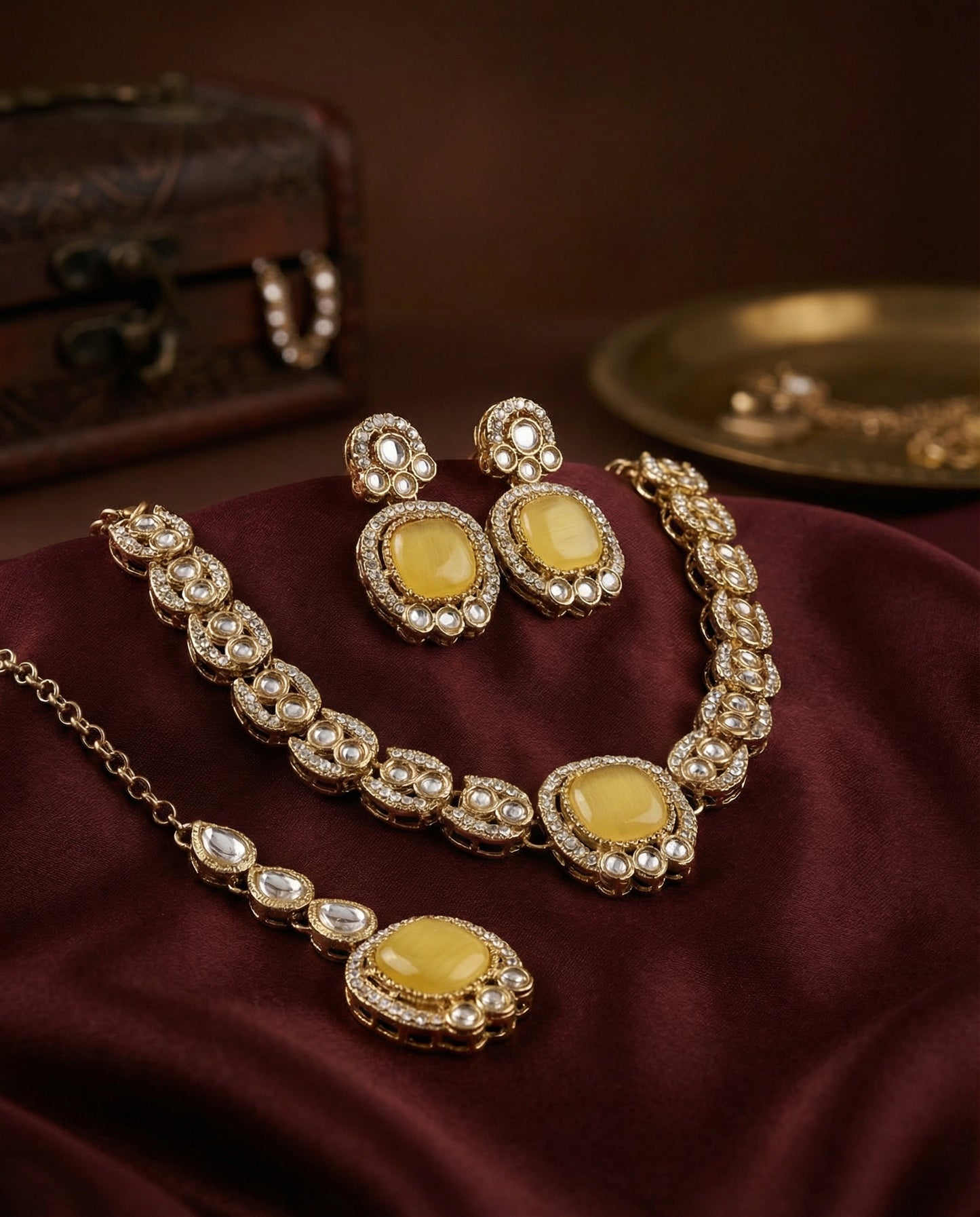 Yellow Manvika Designer Monalisa and Zircone Necklace Set with Earring & Teeka