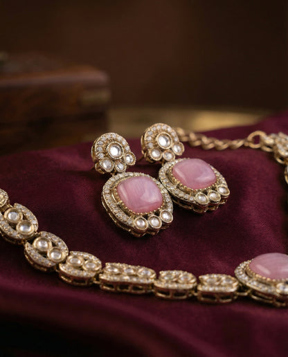 Blush Manvika Designer Monalisa and Zircone Necklace Set with Earring & Teeka