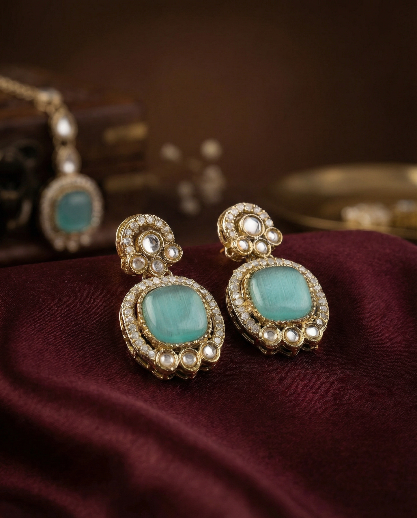 Mint Green Manvika Designer Monalisa and Zircone Necklace Set with Earring & Teeka