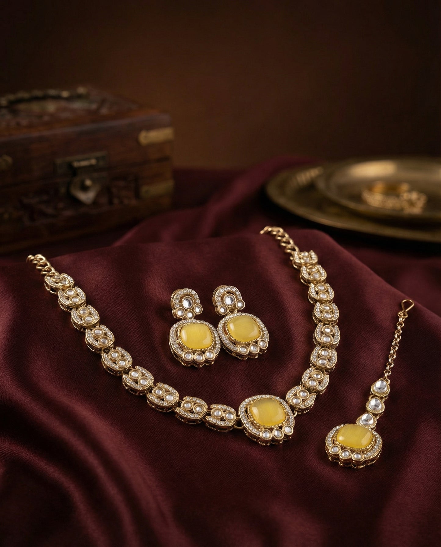 Yellow Manvika Designer Monalisa and Zircone Necklace Set with Earring & Teeka