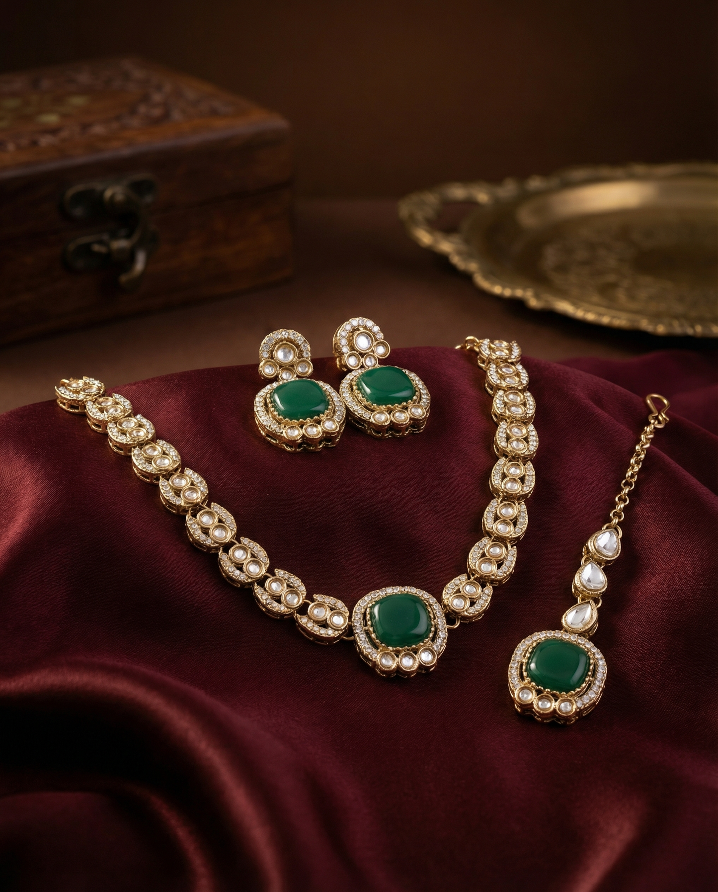 Emerald Manvika Designer Monalisa and Zircone Necklace Set with Earring & Teeka