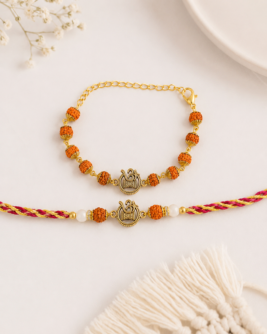 Omika Rudraksh Bhaiya Bhabhi Rakhi Bracelet Set | Tilak Set Included